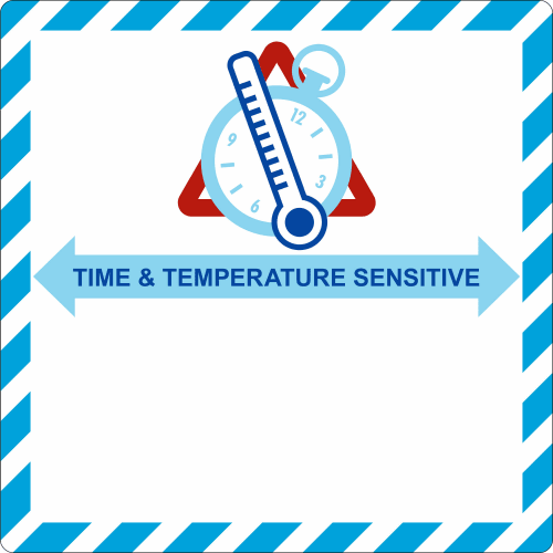 Gefahrzettel Zeit & Temperaturempfindlich mit Stoppuhr und Thermometer Symbol und blauem Rand