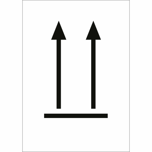 Transportkennzeichen mit zwei schwarzen Pfeilen nach oben und einer horizontalen Linie darunter auf weißem Hintergrund