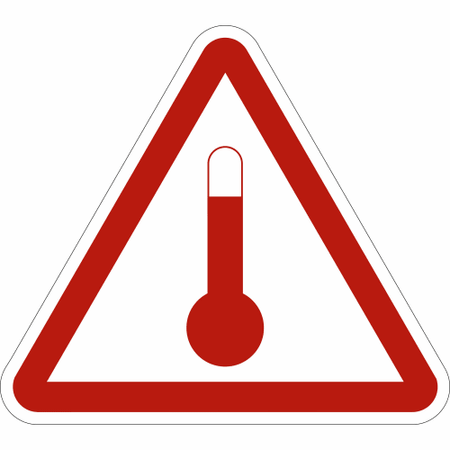 Gefahrzettel mit rotem Dreieck und Thermometer-Symbol für Stoffe, die in erwärmtem Zustand befördert werden