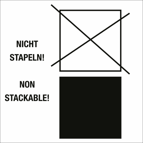 Transportetiketten Symbol für IBC mit Hinweis NICHT STAPELN und NON STACKABLE, quadratisches Symbol mit Kreuz