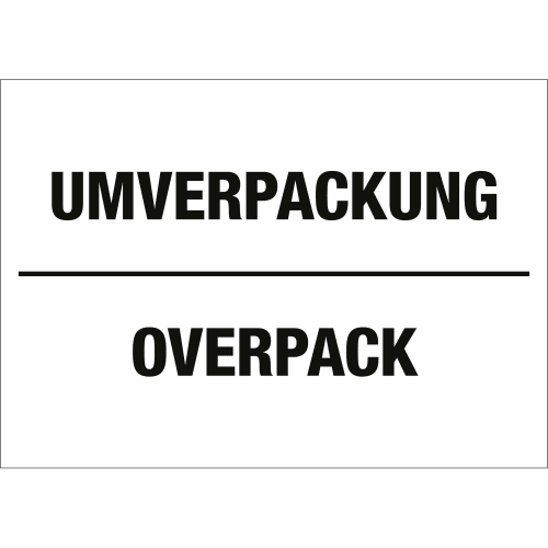 Transportkennzeichen Umverpackung Overpack Schild mit schwarzer Schrift auf weißem Hintergrund