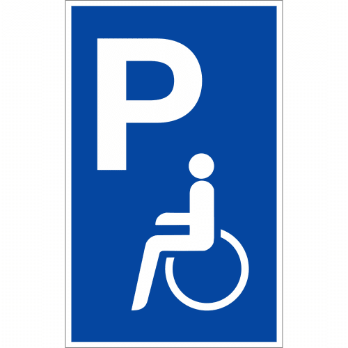 Blaues Parkplatzschild mit weißem P und Rollstuhlsymbol für Behindertenparkplatz