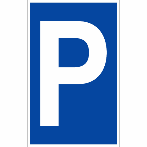 Blaues Parkplatzschild mit weißem P Symbol
