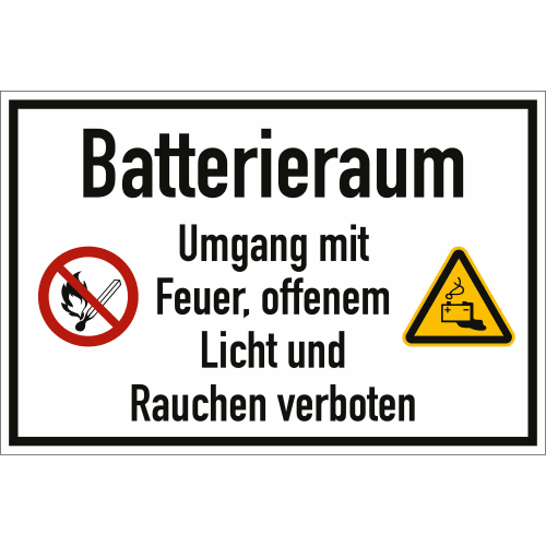 Schild Batterieraum mit Hinweis Umgang mit Feuer, offenem Licht und Rauchen verboten