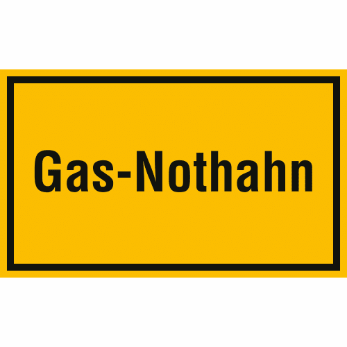Gelbes Warnschild mit schwarzem Rand und der Aufschrift Gas-Nothahn