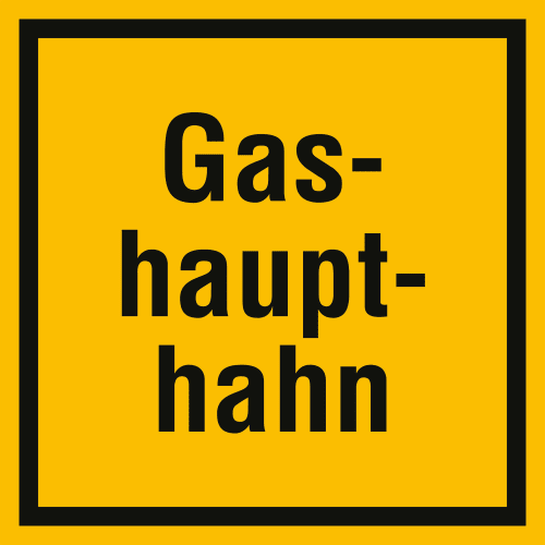 Gelbes Warnschild mit schwarzem Rand und der Aufschrift Gashaupthahn in schwarzer Schrift