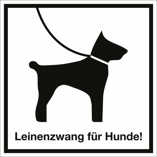 Schwarze Silhouette eines angeleinten Hundes mit dem Text Leinenzwang für Hunde