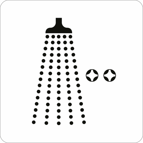 Piktogramm Dusche mit Wasserstrahlen und zwei Bedienknöpfen