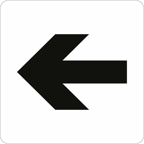 Schwarzer Richtungspfeil nach links auf weißem quadratischem Hintergrund mit abgerundeten Ecken