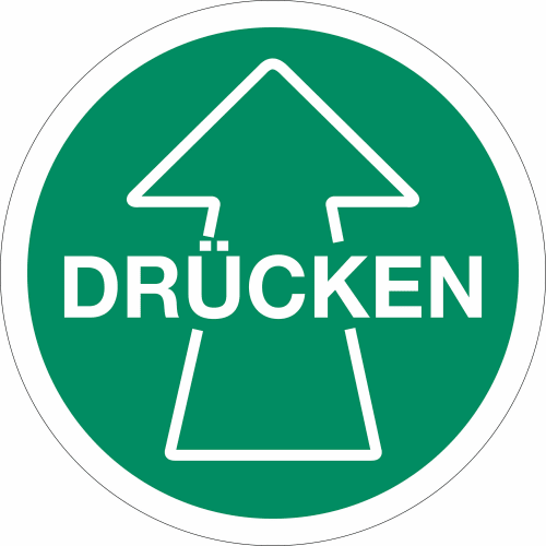 Grünes rundes Piktogramm mit weißem Pfeil nach oben und dem Text DRÜCKEN