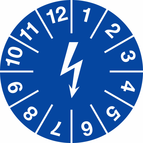 Blaue Prüfplakette zur Kennzeichnung von elektrischen Einrichtungen mit Zahlen von 1 bis 12 und Blitzsymbol in der Mitte