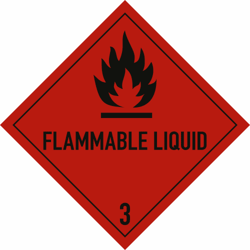 Rotes Gefahrenschild mit schwarzer Flamme und Text FLAMMABLE LIQUID, Klasse 3