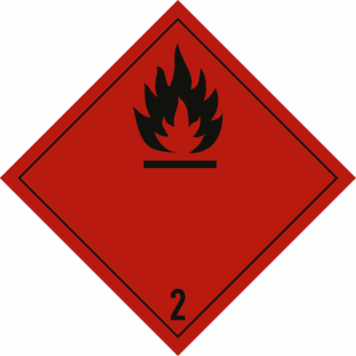 Gefahrgutetiketten Klasse 2 mit Symbol für entzündbare Gase, rotes Quadrat mit schwarzer Flamme und Zahl 2