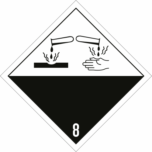 Gefahrgutetikett Klasse 8 mit Symbol für ätzende Stoffe, zeigt ätzende Flüssigkeit, die auf Hand und Oberfläche tropft