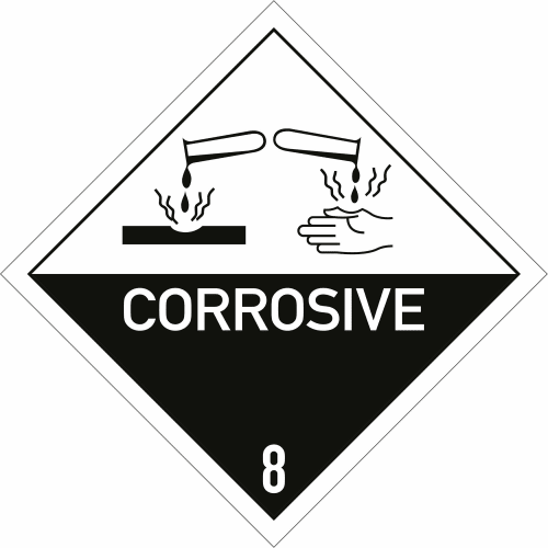 Gefahrgutetiketten Klasse 8 mit Symbol für ätzende Stoffe und Text Corrosive