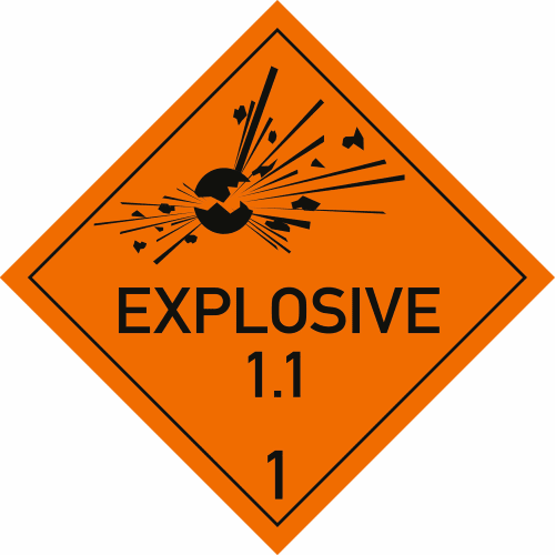 Warnschild Explosive Stoffe mit Aufschrift EXPLOSIVE und Unterklasse 1.1 in orange