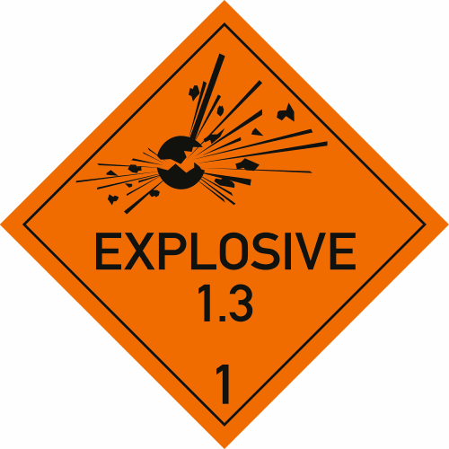Warnschild Explosive Stoffe mit Aufschrift EXPLOSIVE und Unterklasse 1.3 in orange