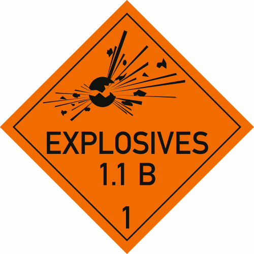 Warnschild Explosive Stoffe Unterklasse 1.1B orange mit Explosionssymbol