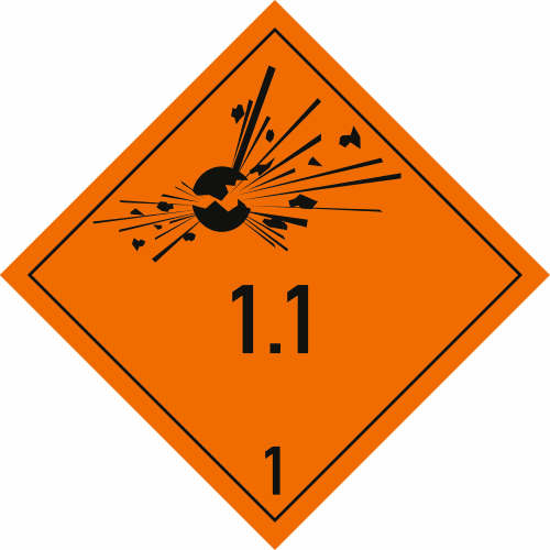Gefahrenschild Explosive Stoffe und Gegenstände mit Explosivstoff Unterklasse 1.1 orange mit Explosionssymbol