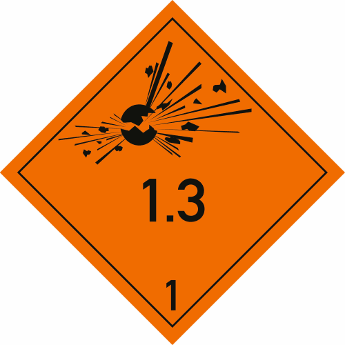 Warnschild Explosive Stoffe und Gegenstände mit Explosivstoff Unterklasse 1.3 orange mit Explosionssymbol