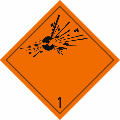 Gefahrenschild Explosive Stoffe und Gegenstände mit Explosivstoff orange mit Explosionssymbol und Zahl 1