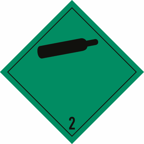 Gefahrgutzeichen für nicht entzündbare, nicht giftige Gase Klasse 2.2 mit grünem Hintergrund und schwarzem Gasflaschensymbol