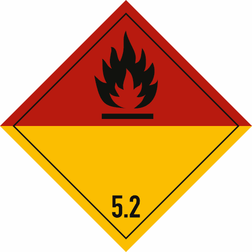 Gefahrgutetiketten Klasse 5.2 mit Flammensymbol und Nummer 5.2 in rot und gelb