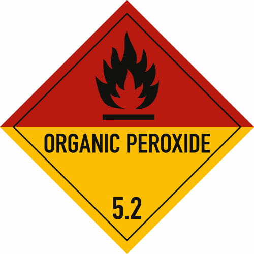Gefahrgutetikett Klasse 5.2 mit Aufschrift Organic Peroxide und Flammensymbol