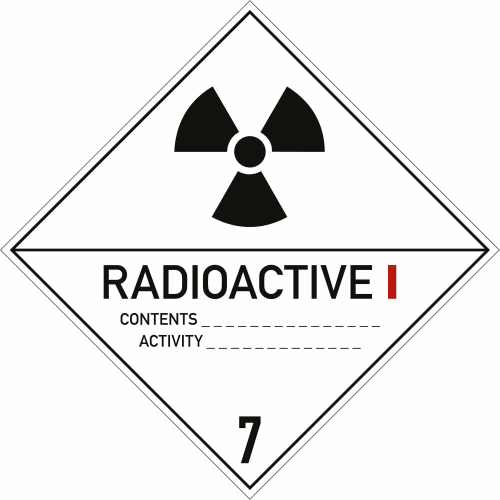 Gefahrgutetikett Klasse 7 mit Radioaktiv-Symbol und Aufschrift Radioactive I für radioaktive Stoffe Kategorie I