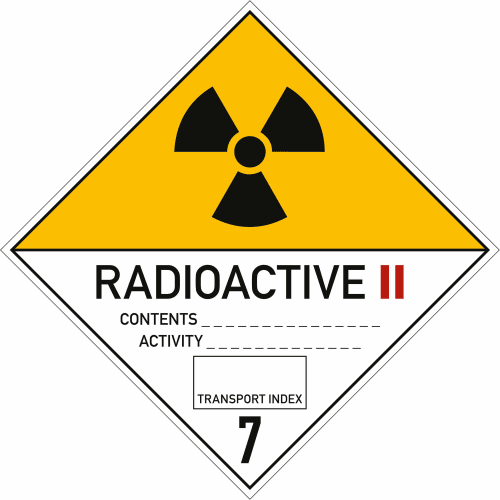 Gefahrgutetikett Klasse 7 mit Radioaktivitätszeichen und Aufschrift Radioactive II