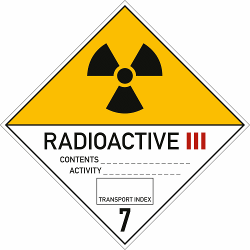 Gefahrgutetikett Klasse 7 mit Radioaktivitätszeichen und Kategorie III