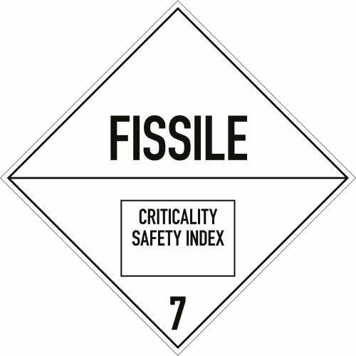Gefahrgutetikett Klasse 7 Spaltbare Stoffe mit Aufschrift FISSILE und Criticality Safety Index