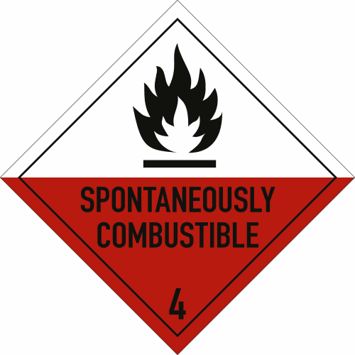 Gefahrgutetiketten Klasse 4.2 mit Flammensymbol und Text Spontaneously Combustible