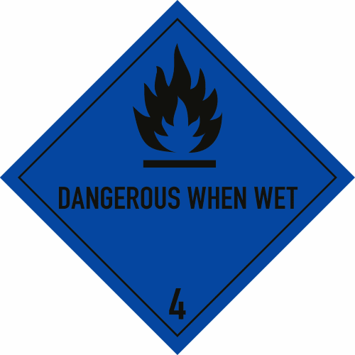 Gefahrgutetikett Klasse 4.3 blau mit Flammensymbol und Schrift Dangerous When Wet