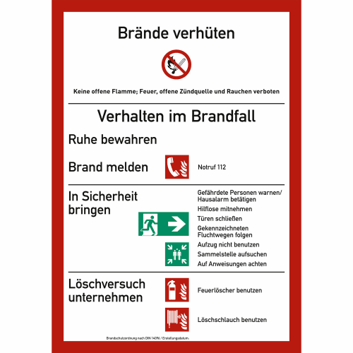 Brandschutzordnung für bauliche Anlagen ohne Handfeuermelder nach E DIN 14096-A mit Anweisungen zum Verhalten im Brandfall, inklusive Brand melden, in Sicherheit bringen und Löschversuch unternehmen