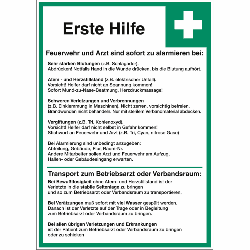 Erste Hilfe Maßnahmen Schild mit Anweisungen zur Alarmierung von Feuerwehr und Arzt bei starken Blutungen, Atem- und Herzstillstand, schweren Verletzungen, Vergiftungen sowie Transporthinweise zum Betriebsarzt oder Verbandsraum