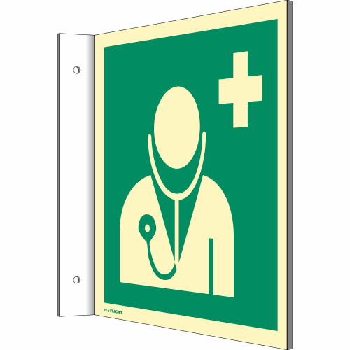 Fahnenschild Arzt nach ISO 7010 mit Arzt-Symbol und grünem Hintergrund