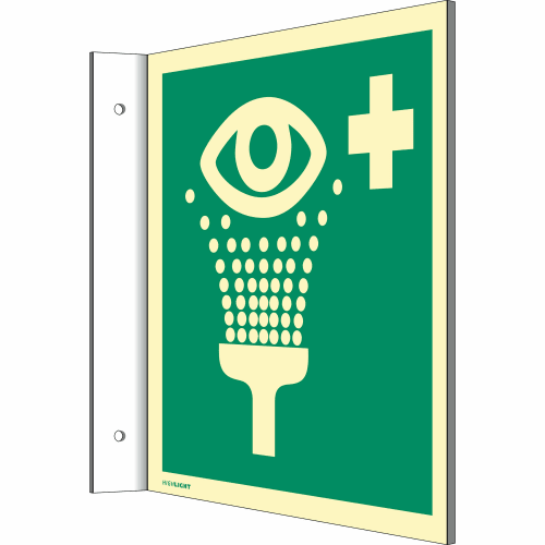 Fahnenschild Augenspüleinrichtung nach ISO 7010 mit Symbol eines Auges und Augenspüleinrichtung auf grünem Hintergrund