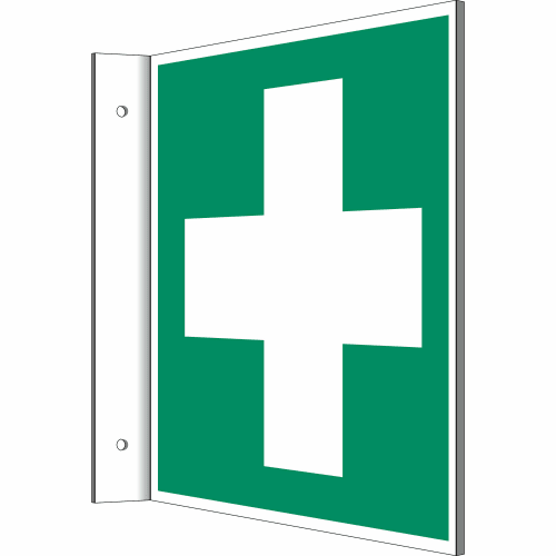 Fahnenschild Erste Hilfe mit weißem Kreuz auf grünem Hintergrund nach ISO 7010 E 003
