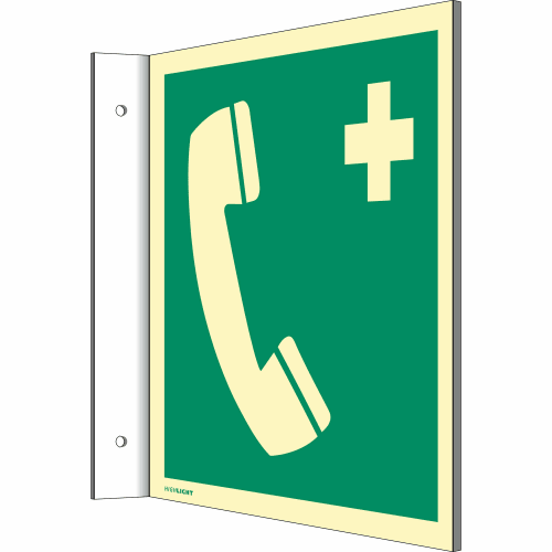Fahnenschild Notruftelefon nach ISO 7010 mit grünem Hintergrund, Telefonhörer und weißem Kreuz