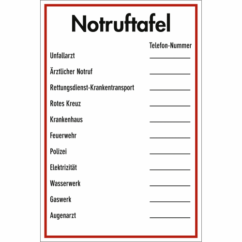 Notruftafel zur Selbstbeschriftung mit Faserschreiber mit Feldern für Unfallarzt, Ärztlicher Notruf, Rettungsdienst-Krankentransport, Rotes Kreuz, Krankenhaus, Feuerwehr, Polizei, Elektrizität, Wasserwerk, Gaswerk und Augenarzt