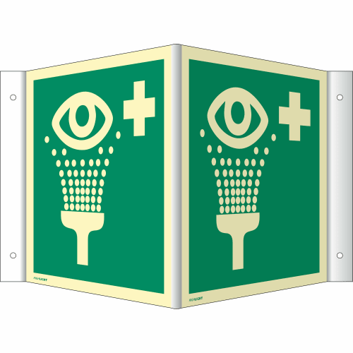 Nasen-Winkelschild Augenspüleinrichtung ISO 7010 mit grünem Hintergrund und Symbol eines Augenspülers