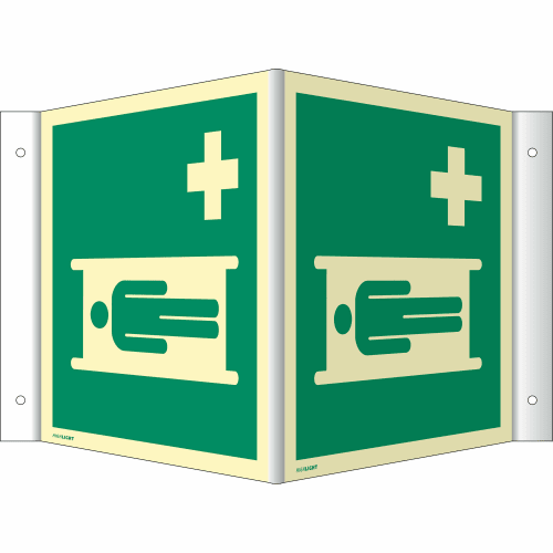 Nasen-Winkelschild mit Symbol einer Krankentrage und einem Erste-Hilfe-Kreuz in Grün und Beige nach ISO 7010