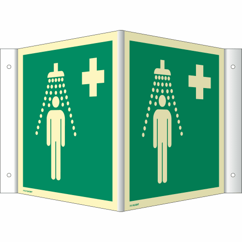 Nasen-Winkelschild Notdusche ISO 7010 mit Piktogramm einer Person unter einer Notdusche und einem Kreuz auf grünem Hintergrund