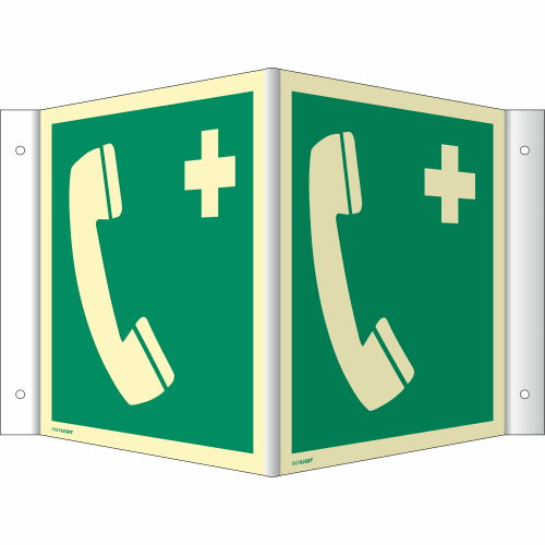 Nasen-Winkelschild Notruftelefon mit grünem Hintergrund, Telefonhörer und weißem Kreuz nach ISO 7010