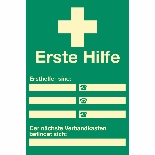Ersthelfer-Verzeichnis zur Selbstbeschriftung mit Faserschreiber, grün mit weißem Erste Hilfe Kreuz und Feldern für Namen und Telefonnummern der Ersthelfer sowie Standort des nächsten Verbandkastens