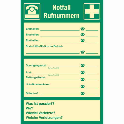 Notfall-Rufnummern Schild zur Selbstbeschriftung mit Faserschreiber, grün-beige, mit Feldern für Ersthelfer, Erste-Hilfe-Station, Durchgangsarzt, Arzt, Rettungsdienst, Unfallkrankenhaus und Giftnotruf