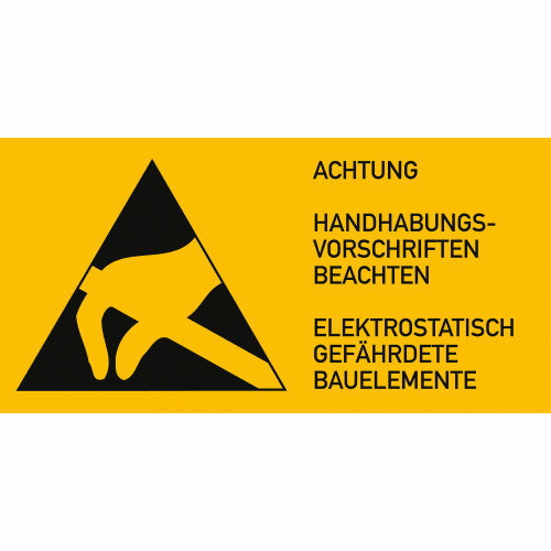 Warnetikett mit Warnhinweis Achtung Handhabungsvorschriften beachten elektrostatisch gefährdete Bauelemente in gelb und schwarz