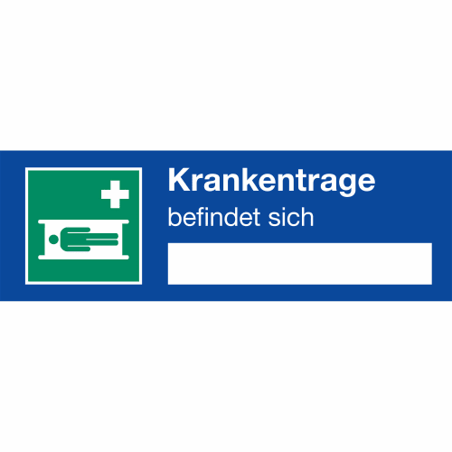 Hinweisschild für eine Krankentrage mit Symbol einer liegenden Person auf einer Trage und Beschriftungsfeld