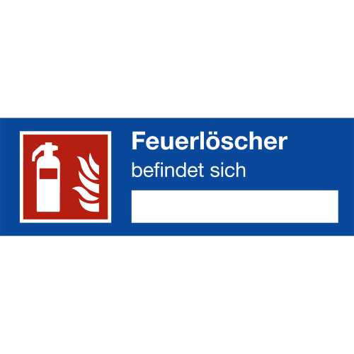 Hinweisschild für Feuerlöscher mit Beschriftungsfeld und Symbol eines Feuerlöschers auf rotem Hintergrund